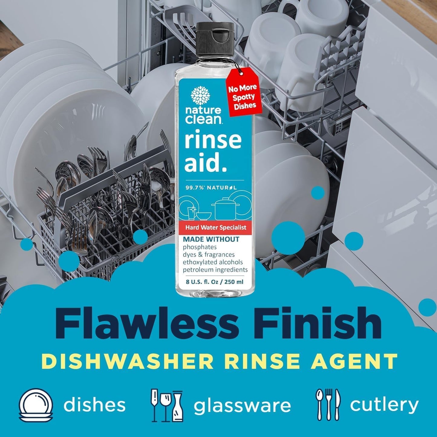 Nature Clean Natural Dishwasher Rinse Aid Liquid, Plant-Based Dishwasher Drying Agent with 99.7% Natural Ingredients, Unbelievable Power and No Nasty Chemicals. Hard Water Stain Remover. 8 oz 2-pack