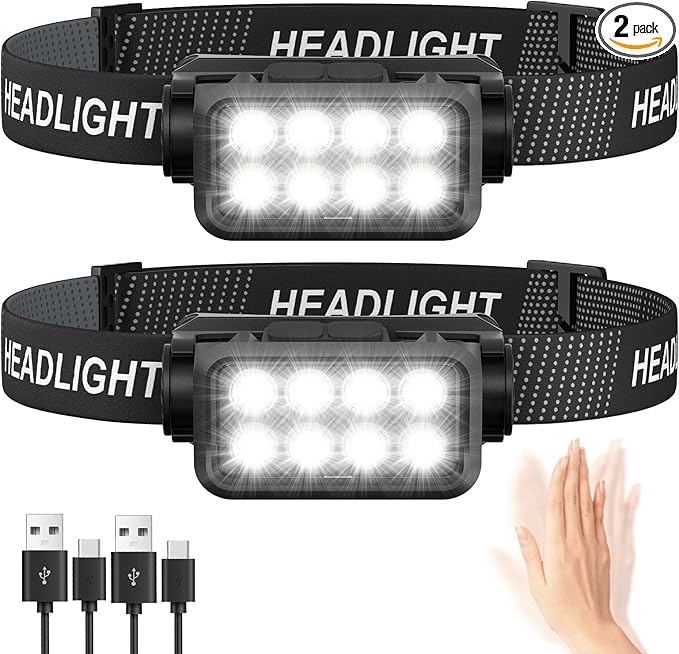Rechargeable Headlamp Flashlight 2-Pack, 8 LED 2500 Lumen Ultra-Light Bright Headlight with Motion Sensor, Waterproof Ligh...