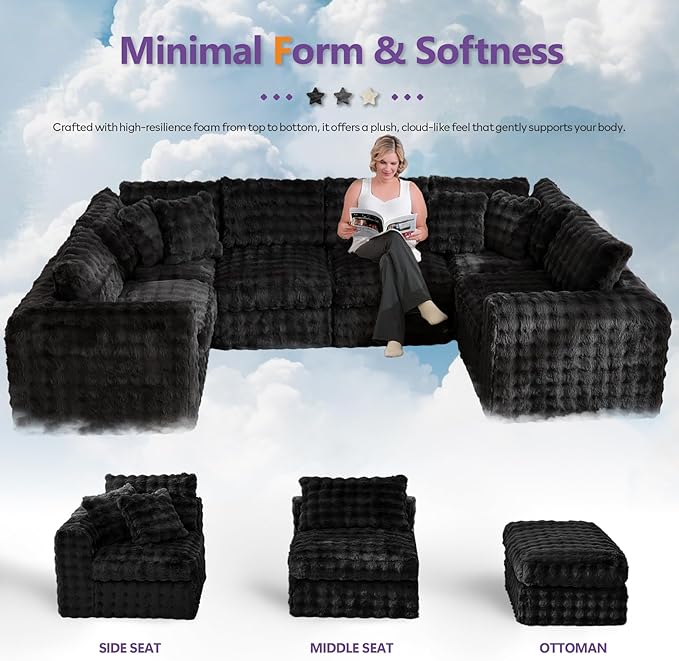 TYBOATLE 135’’ Boneless Slow-Rebound Memory Foam Couch, Cloud Sectional Couches for Living Room w/Upgraded Fabric, Deep Seat Comfy Fluffy U Shaped Modular Sectional Sofa w/Chaise
