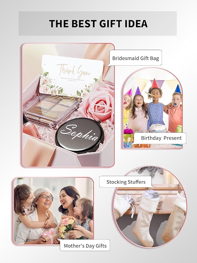 Compact Mirror Bulk, Set of 2 Double-Sided 1X/2X Magnifying Purse Pocket Makeup Mirrors(Round, Rose Gold and Black)