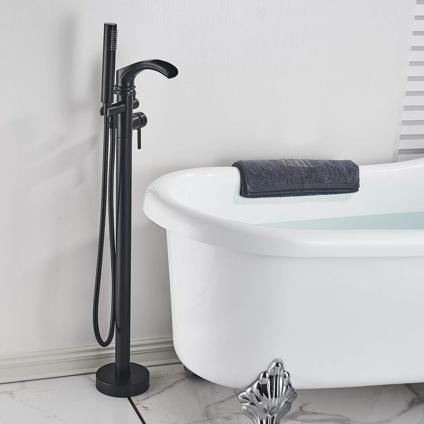 Senlesen Black Freestanding Bathtub Shower Mixer Taps Floor Mounted Single Handle Clawfoot Tub Filler Shower Faucets with Hand Sprayer