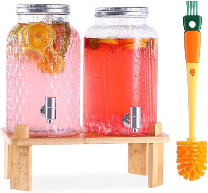 2 PCS Glass Drink Dispenser Set 1.5 Gallon With Stand, Spigot, Large Water Drink Dispensers for Parties for Lemonade, Juic...