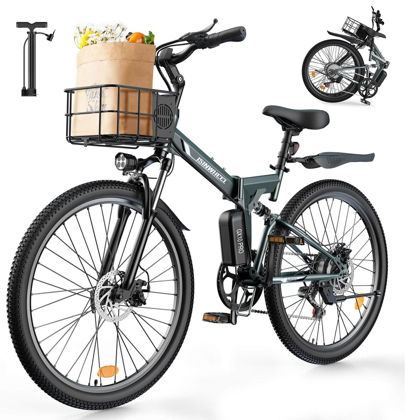 isinwheel M40 Folding Electric Bike for Adults 500W Ebike with Basket, Dual USB Charging Ports, Full Suspension, 7 Speed Gearshift, 20mph Foldable Electric Bicycles, 26" Electric Mountain Bike