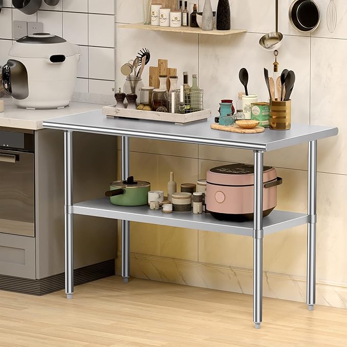 Atronor Stainless Steel Table for Prep & Work, 30x48 Inches, NSF Metal Commercial Heavy Duty Table with Adjustable Under Shelf and Foot for Restaurant, Home and Hotel