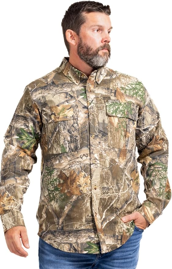Realtree Men’s Long Sleeve Button Down Camp Shirt – Midweight, Cotton, Breathable Outdoor Shirt for Hunting and Fishing