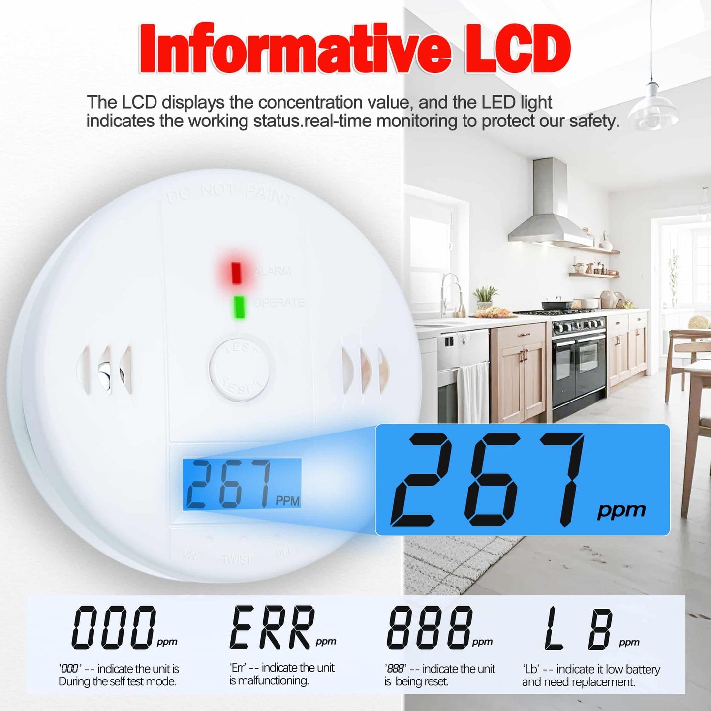 3 Pack Carbon Monoxide detectors, co Detector, Carbon Monoxide Alarm Detector Battery Powered with LCD Display, Carbon Monoxide Detector, UL2034 Standards, for Home