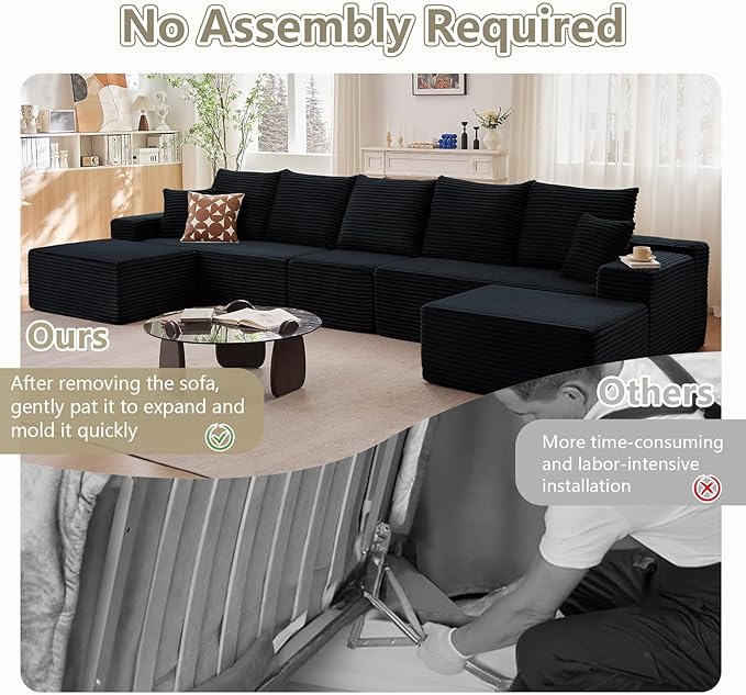 167.7" Sectional Cloud Couch for Living Room, Modular Floor Deep-Seat Sofa, Big Comfy Corduroy Couches Set with Fluffy Memory Foam, Stupendous U Shaped Sofas, No Assembly Required, Black