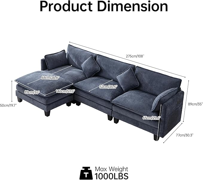 Opiesit 108" Modular Sectional Couches for Living Room with Ottoman, L Shaped Cloud Couch with Charger, USB & Type-c Port, Comfy 4 Seats Sofas with Deep Seat, Chenille Fabric, Blue