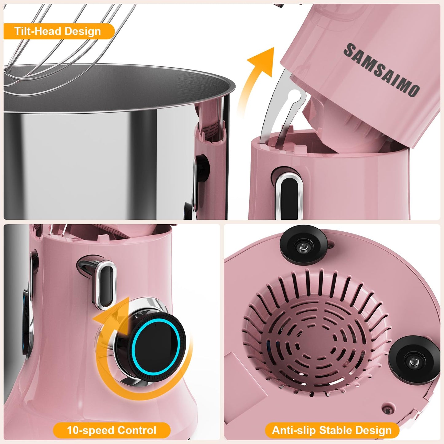 SAMSAIMO 3-IN-1 Electric Stand Mixer, 10-Speed With Pulse Button, Attachments include 6.5QT Bowl, Dough Hook, Beater, Whisk for Most Home Cooks, Sakura Pink