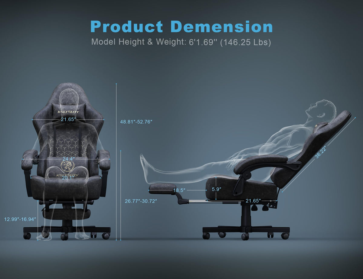 Kslysuty Gaming Chair Breathable Leather with Pocket Spring Cushion,Wide and High Ergonomic Office Chair with Headrest,Computer Gaming Chair with Footrest for Adult and Teen,Grey