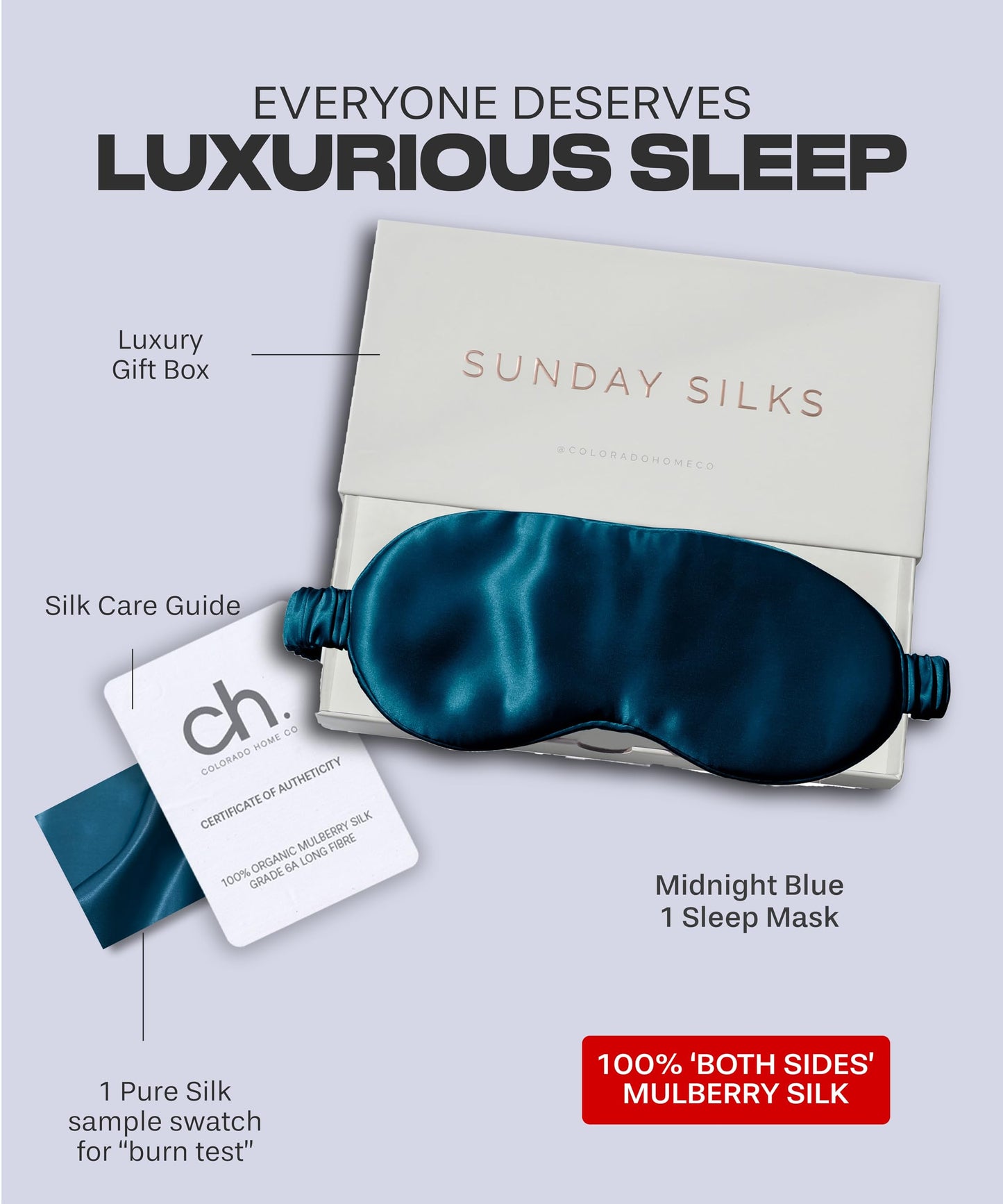 SUNDAYSILKS™ Exclusive Mulberry Silk Sleep Mask | Soft Eye Covers, Blackout Sleeping Mask for Women & Men | Silk Eye Mask for Sleep, Travel, and Relaxation | Antifaz para Dormir [Midnight Blue]
