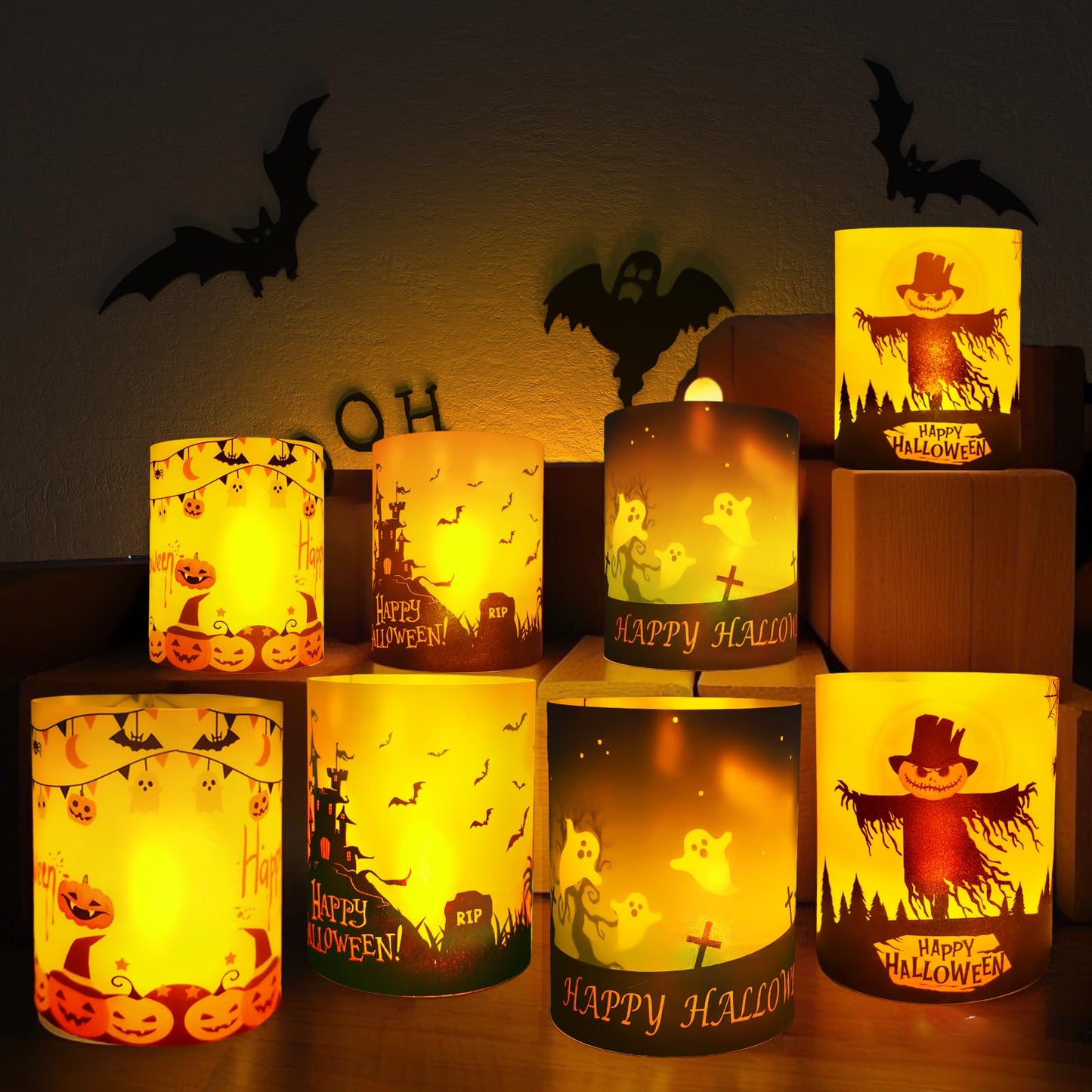 Happy Halloween Table Decor, 8 Sets Halloween Table Centerpiece Decorations, Tea Lights Votive Candles Holders for Tabletop, Candle Sleeve Shade Cover for Home, Room, Indoor, Office Use