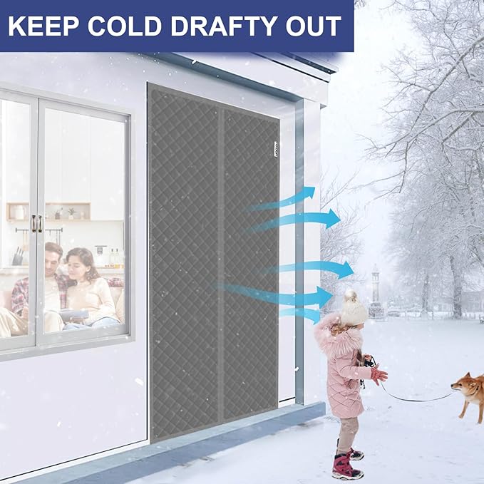 Magnetic Thermal Insulated Door Curtain Fit Door Size 36" x 82", Quilted Oxford Fabric Thicken Cotton Fill, Winter Cover Keep Cold Draft Out, Blanket Insulation for Front Patio Doors Gray
