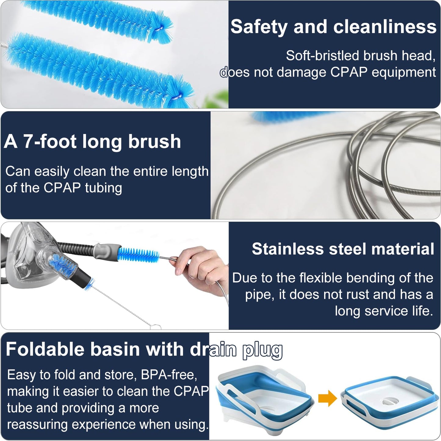 CPAP Hose Cleaning Brush Kit with Collapsible Basin – Dual-Ended 7ft Tube Brush & Small Cleaner, Anti-Slip Wash Tub with Drain Plug & Handles, Fits 15mm & 22mm Tube Cleaning