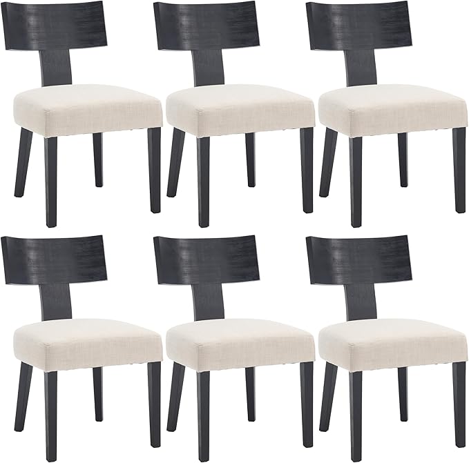 DM Furniture Farmhouse Dining Chairs Set of 6, Linen Fabric Upholstered Kitchen Chairs with Black Distressed Wooden Legs, Comfy Armless Side Chairs for Dining Room/Restaurant, Beige-Black Legs