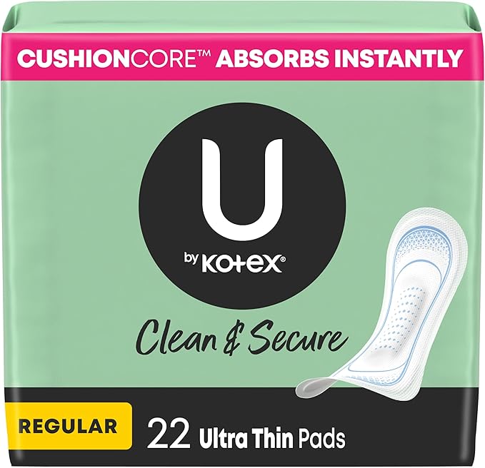 U by Kotex Ultra Thin Pads, Clean & Secure, Regular Absorbency, 22 Count (Packaging May Vary)