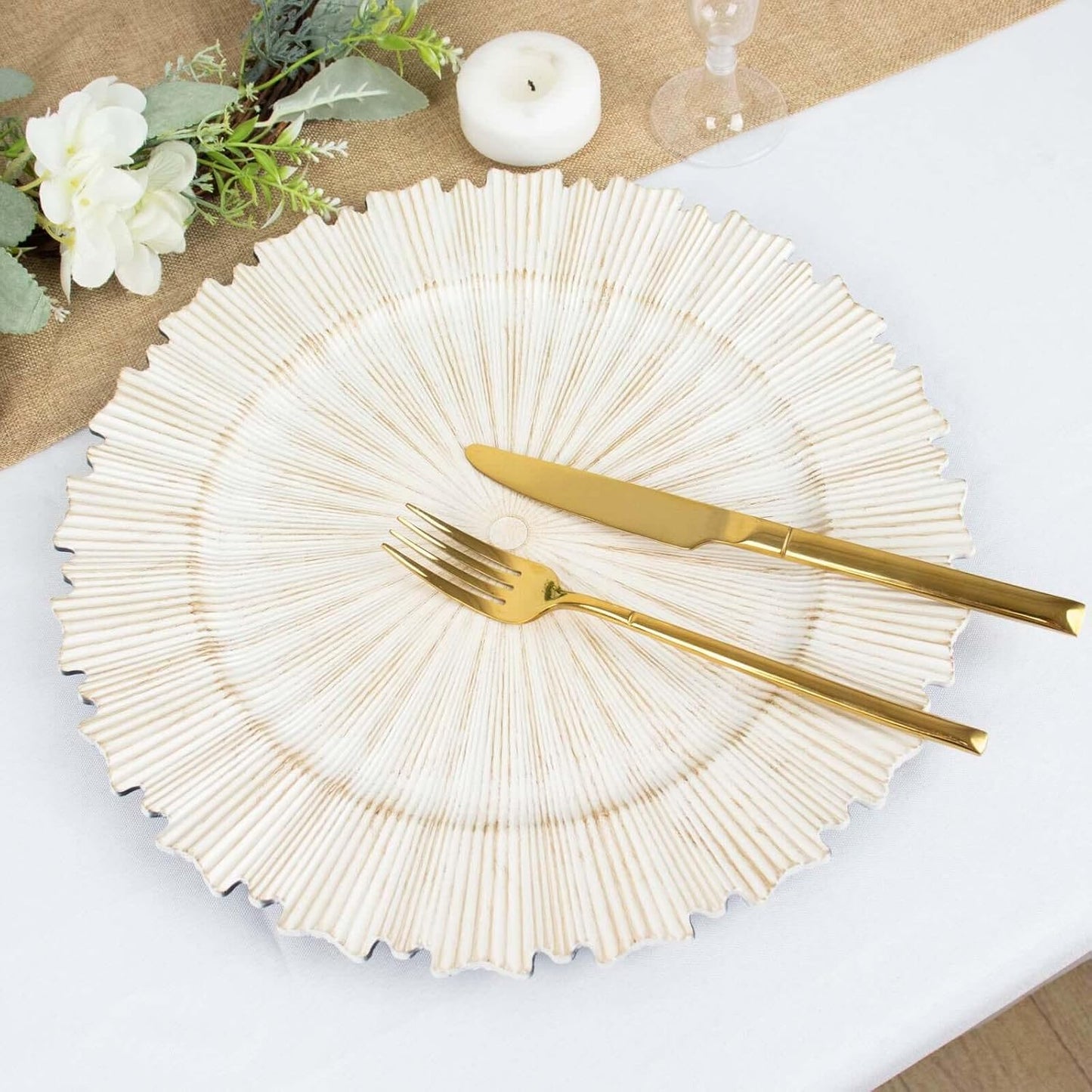 Efavormart 6 Pack | 13" Metallic Antique White Sunray Acrylic Plastic Serving Plates, Round Scalloped Rim Disposable Charger Plates