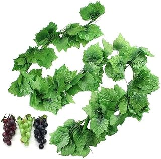 Hecaty 12 Strands 90 ft Artificial Fake Grape Vines with 3 Strings Grapes, Hanging Plant Large Leaves Garland for Wedding ...