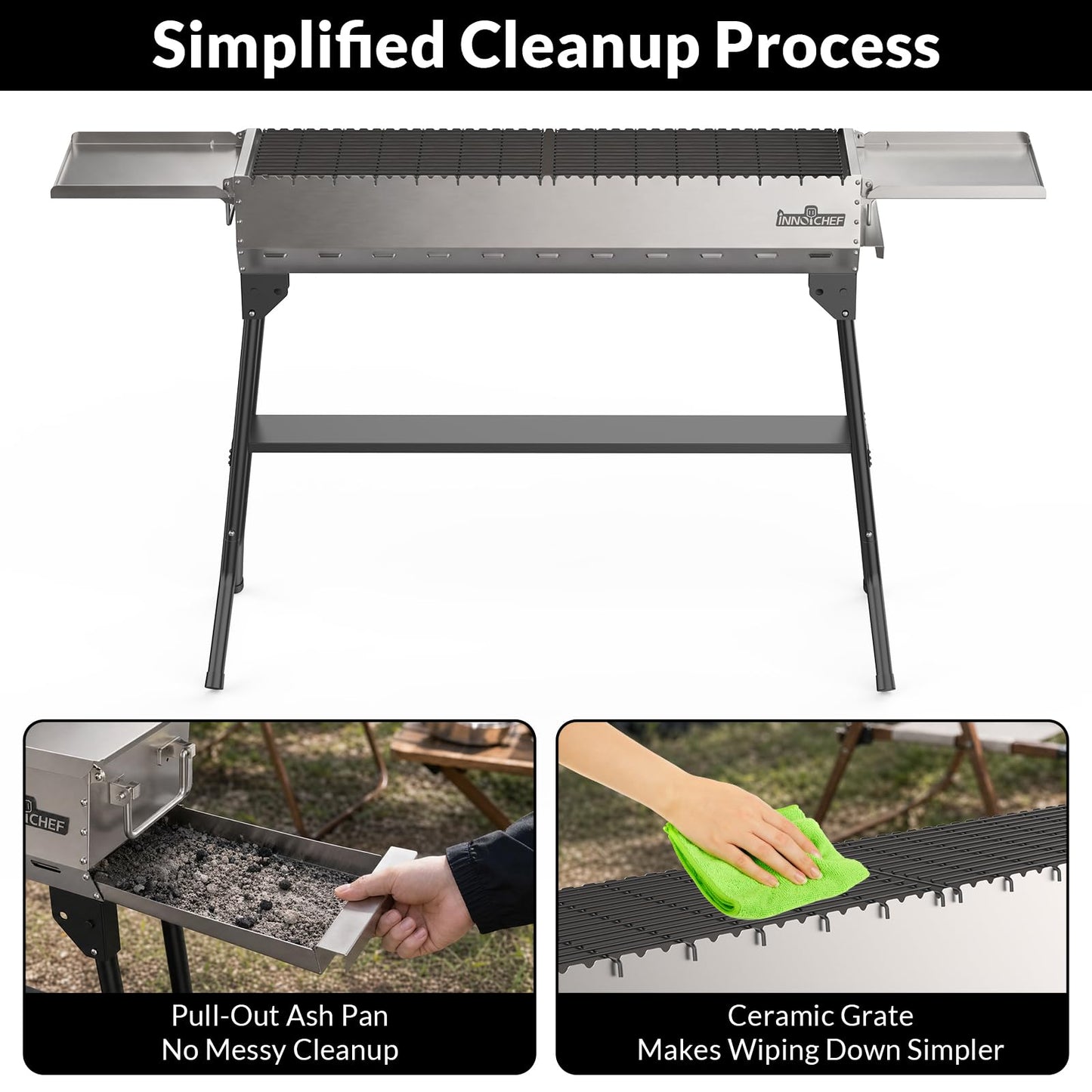 Charcoal Grill, Foldable Portable Camping Charcoal Grill, Stainless Steel BBQ Grill with Ceramic Grate, 2-in-1 Side Tables & Pull-Out Ash Pan Outdoor & Backyard Grill for Patio Cooking