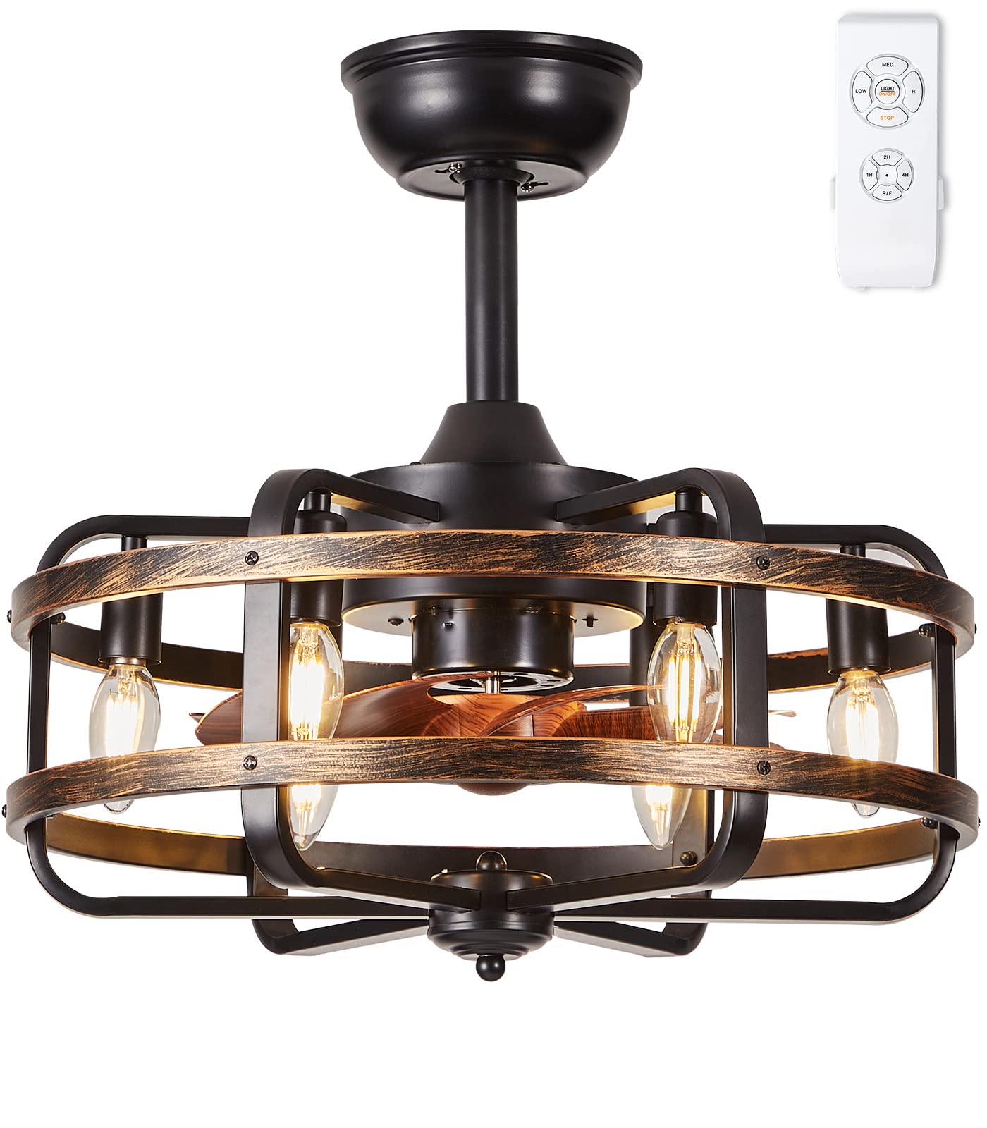 IYUNXI Caged Ceiling Fans with Lights Farmhouse, 18 Inch Flush Mount Vintage Bladeless Rustic Chandeliers Fan Remote Bedroom 6 L