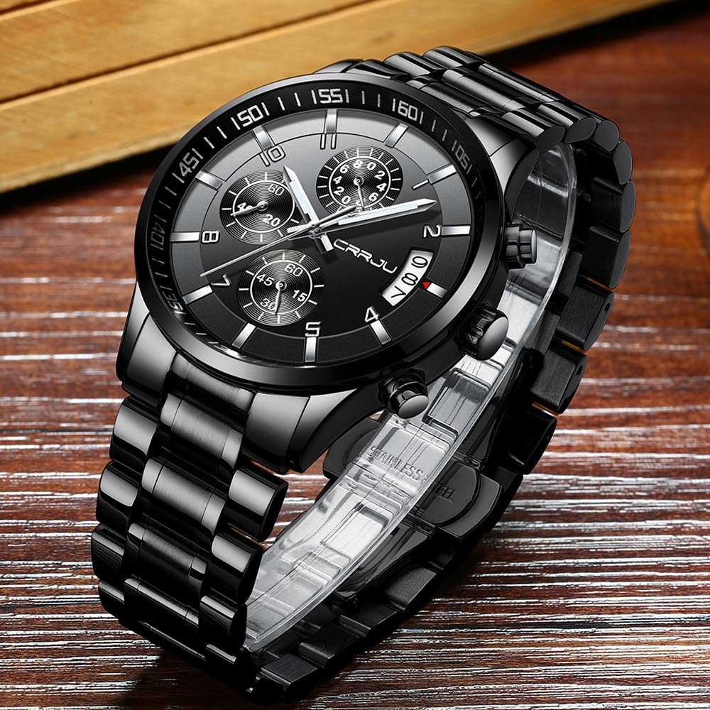 CRRJU Men's Black Watch Fashion Business Chronograph Quartz Wristwatches,Luxury Stainsteel Steel Band 3ATM Waterproof Watch for Men