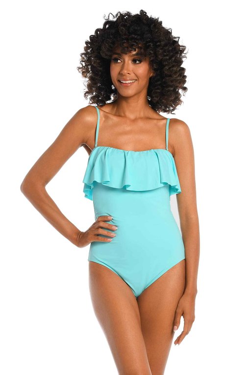 La Blanca Women's Island Goddess Ruffle Bandeau One Piece Swimsuit, Ice Blue, 10