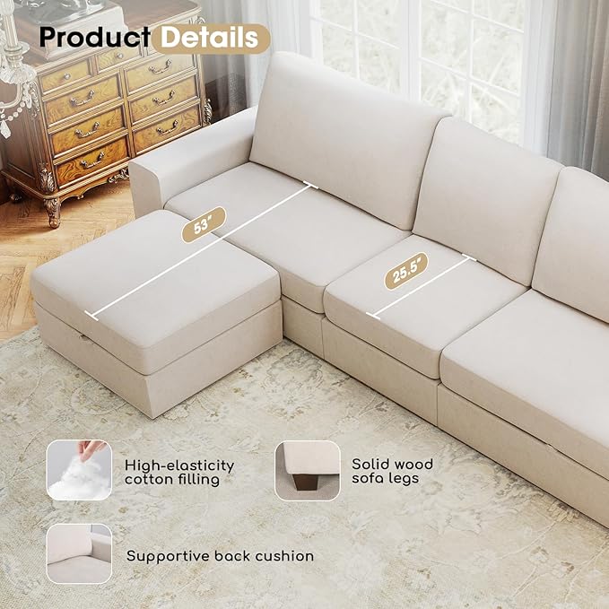 Couchus 112“ Convertible Storage Sectional Sofa,L Shaped Couch with Storage Ottoman,Multi-Functional Reversible Sofa with Huge Storage Space, Breathable Fabric (Beige)