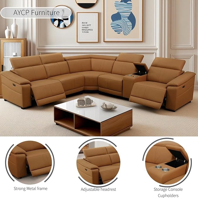 Power Recliner Sectional Sofa Set with USB Ports, Flannel Recliner Sofa Set with Adjustable Headrest, Reclining Sectional Couches, L-Shaped Living Room Furniture Set (Ginger, 5-Seater)