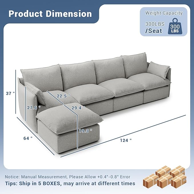 Lopzeho 124" Cloud Modular Sectional Sofa, Waterproof Down Filled Sectional Couch, High Backrest L Shaped 4 Seater Couch with Ottoman, Modern Modular Sofas with Removable Cover, Light Gray
