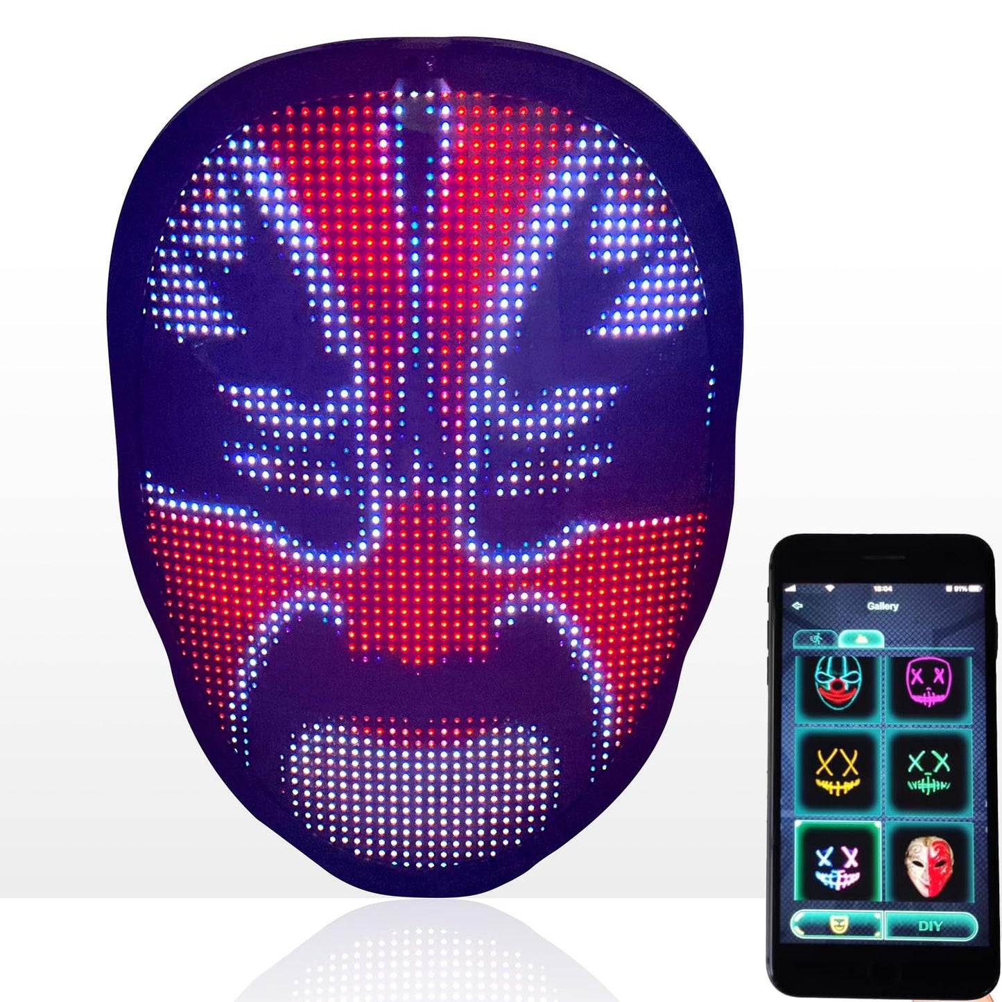 HIOUME Halloween LED Lighted Face Transforming Mask, Shining Mask for Fun Parties Birthday Christmas Festival Cosplay Costume, APP or Gesture Control, USB Rechargeable