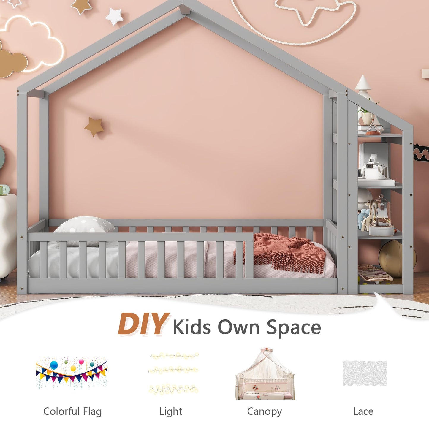 Aoowow Twin Size Floor Bed Twin House Bed Frame with Storage Shelves, Wooden Montessori Floor Bed Kids Playhouse with Fence for Boys Girls for Bedroom,Twin-Grey
