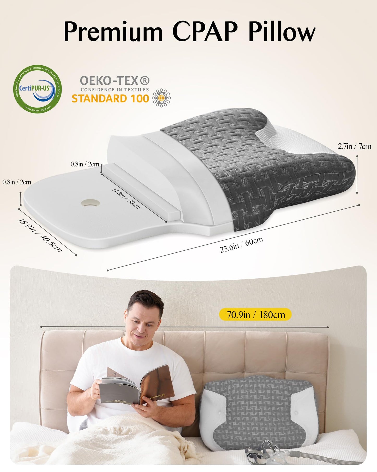 Joynox Cervical Neck Pillow for Cpap Users, Memory Foam Sleep Apnea Pillow, Ergonomic Adjustable Cpap Pillows for Side and Back Sleepers, Reducing Air Leaks and Mask Pressure