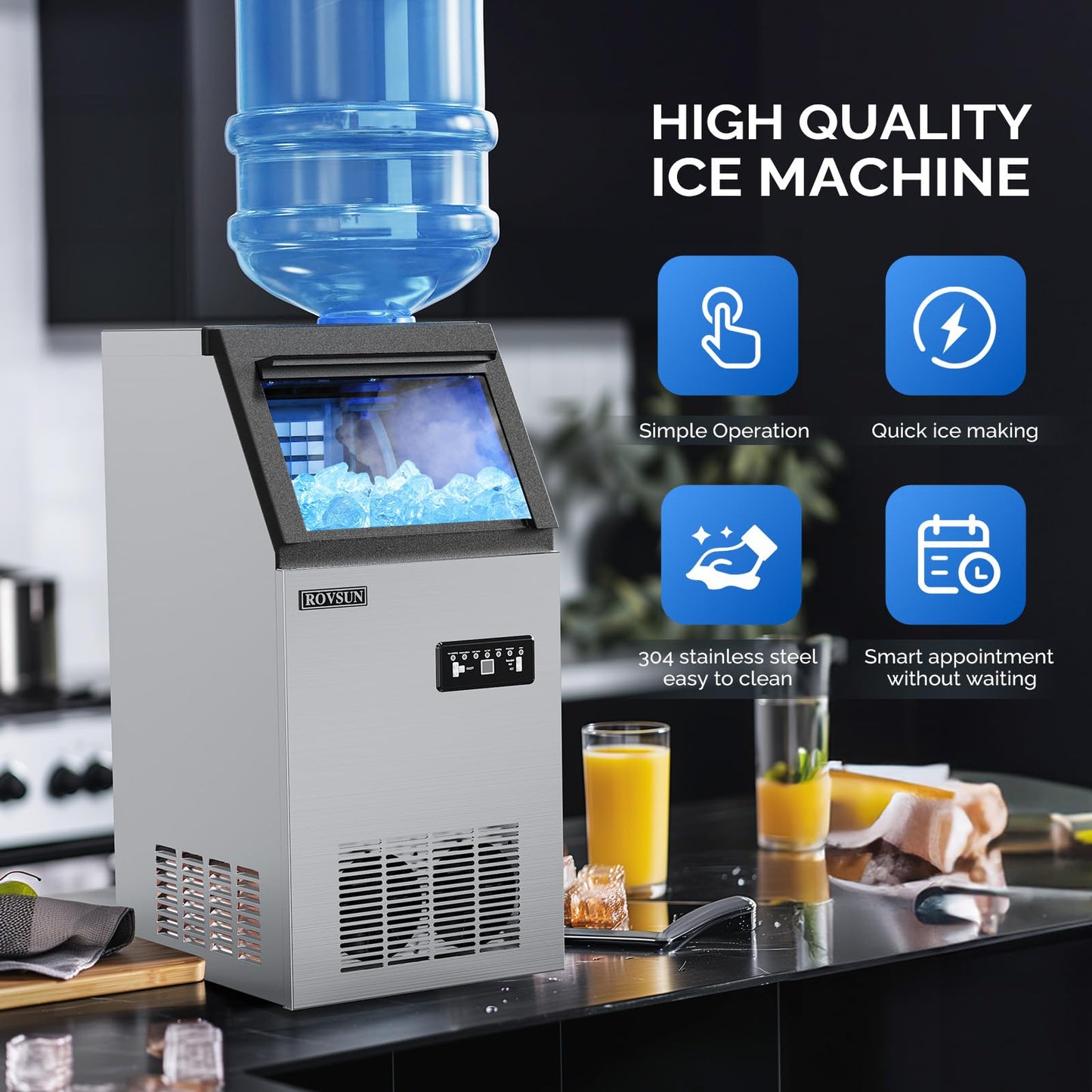 ROVSUN 110LBS/24H Commercial Ice Maker Machine with 2 Water Inlets, Undetcounter Ice Machine with 24lbs Storage Bin, Ice Scoop & Water Filter for Home Office Restaurant Bar Cafe