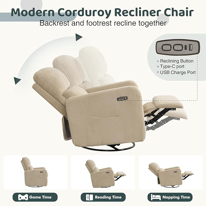 AEMEIOS Swivel Rocker Recliner, Oversized Power Recliner Nursery Glider with Removable Cushion, Upholstered Swivel Reclining Chairs for Nursery Living Room Bedroom, Corduroy Camel