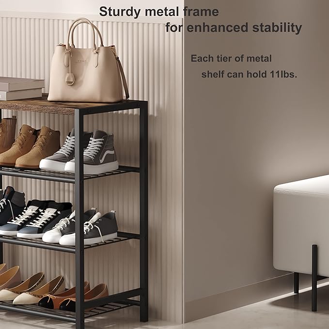 HOMEFORT 4-Tier Shoe Rack Organizer, Shoe Tower for Closet, Shoe Storage Shelf with MDF Top Board, Each Tier Fits 3 Pairs of Shoes, Entryway Shoes Organizer with Sturdy Metal Shelves, Rustic Brown