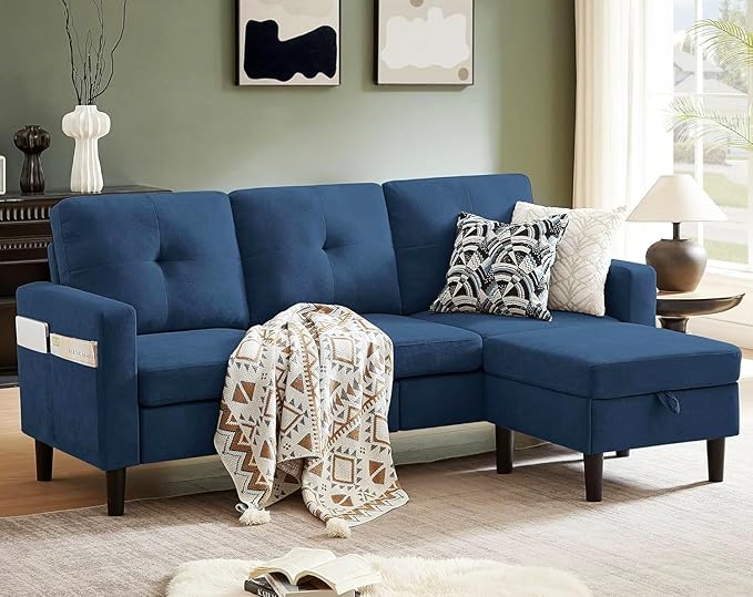 Pingliang Home 80" Convertible Sectional Sofa Couch with Movable Ottoman, 3 Seats Sectional Sofas L Shaped Couch for Small Spaces, Soft Fabric Couch for Living Room (Blue)