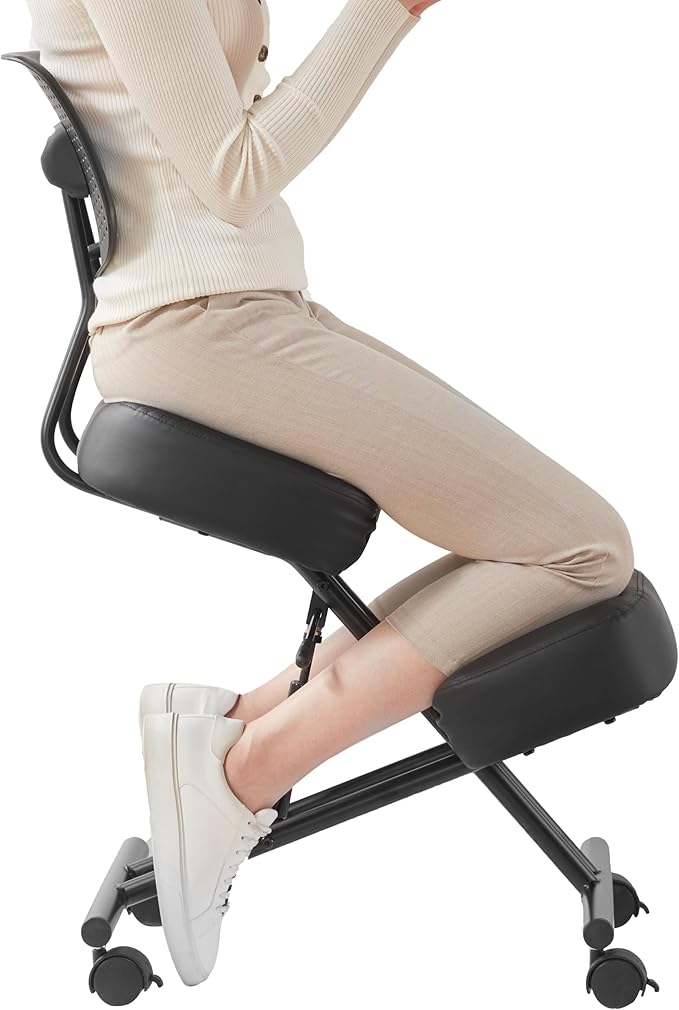 SOMEET Ergonomic Kneeling Chair with Back Support, Kneeling Desk Chair for Home Office with Brake and Gliding Casters, Adjustable Posture Chair with High Back for Desk to Relieve Back Pain, Black PU