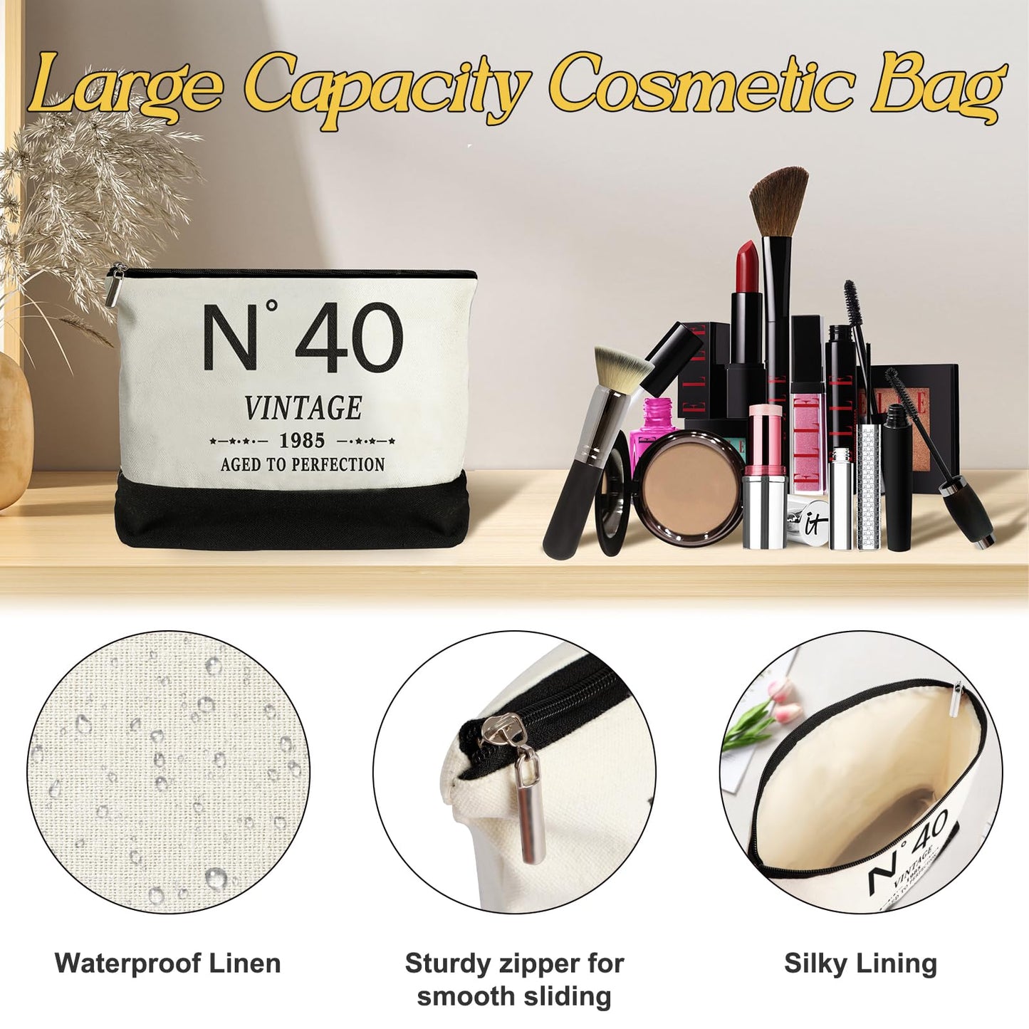 40th Birthday Gifts for Women Canvas Tote Bag Travel Gear, Unique 40 Years Old Birthday Gifts for Her Mom Wife Aunt Friends, Vintage N40 Handbag & Cosmetic Bag & Back in 1985 Poster