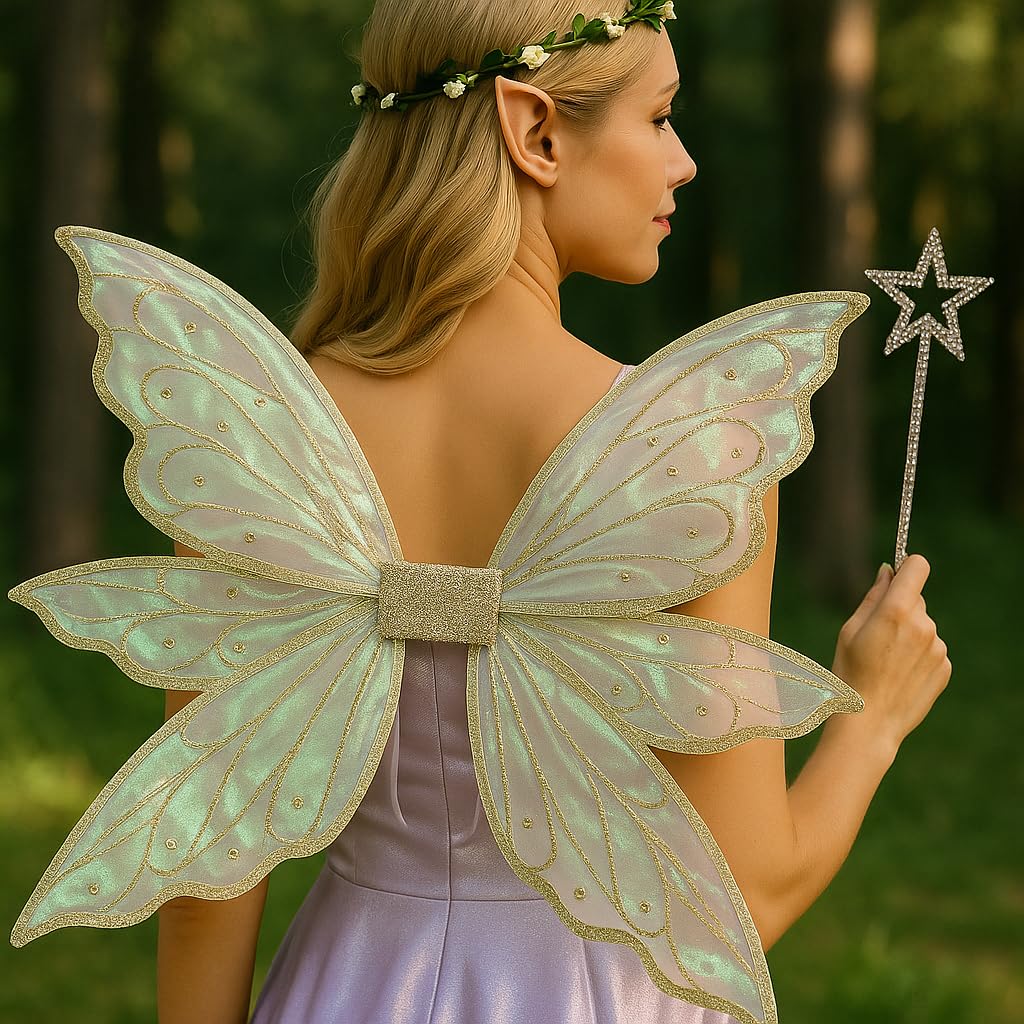 caretoto Gold Fairy Wings for Adults Dress Up Sparkling Sheer Butterfly Halloween Costume Angel Wings for Women Girls1