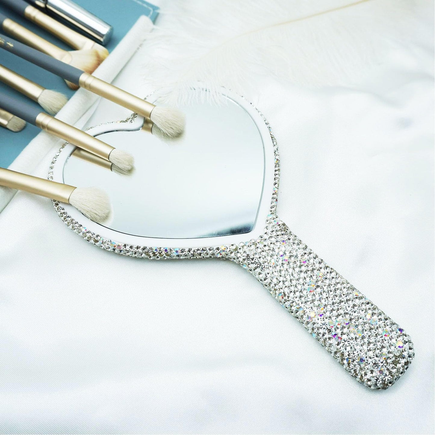 Frinnovan Large Rhinestone Handheld Mirror Heart Bling Glitter Cosmetic Dazzling Portable Hand Mirrors with Handle for Women Wed