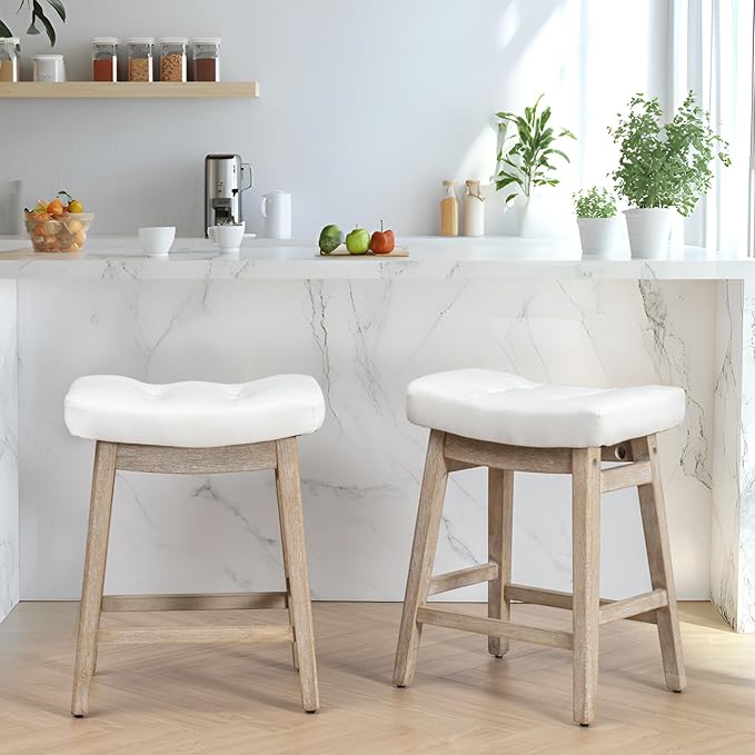 RNKSFX White Bar Stool for Kitchen Counter Island Counter Height Farmhouse Modern Barstool with Faux Leather Upholstered Backless Seat and Solid Wood Legs 24 inch Bar Chair