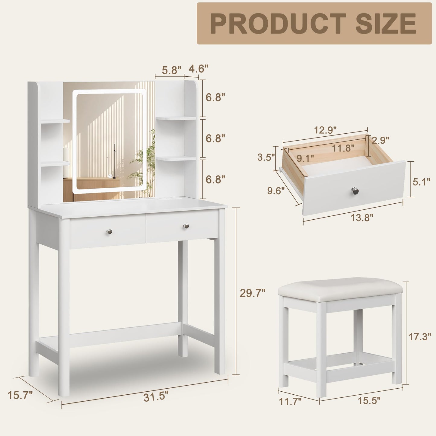 ProsperHaven Vanity Desk with Mirror and LED Lights, Small Makeup Vanity Table Set with Drawers and Chair, Dressing Table with Power Outlet for Girls Bedroom, White