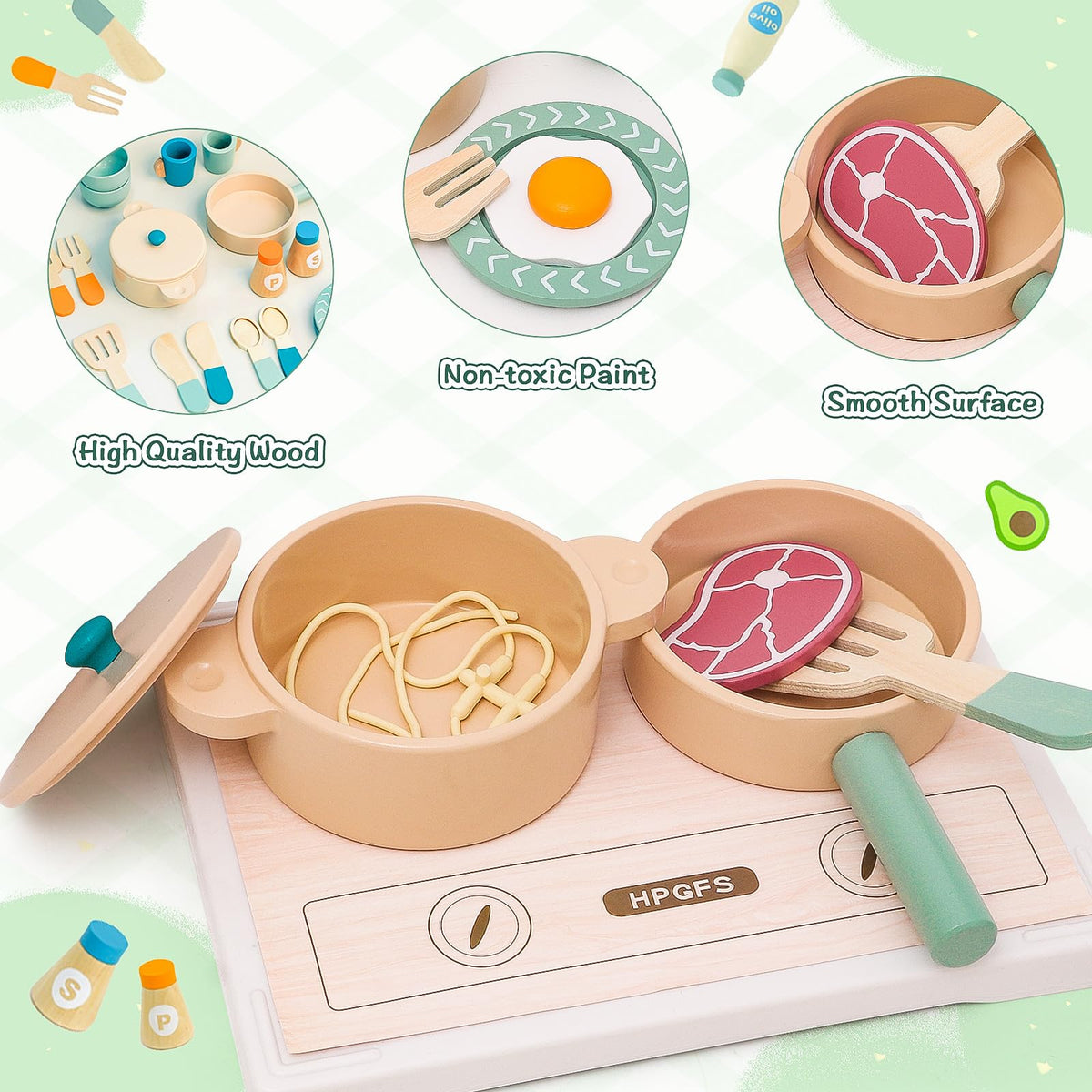 HAPGFS Wooden Play Cooking Set, Kids Pretend Play Kitchen Accessories Toys Set, Includes Play Plates, Pots, Bowls, Pans, Cutlery, Includes Fake Food, Gift for 3 4 5 Years Old Girls Boys for Birthday