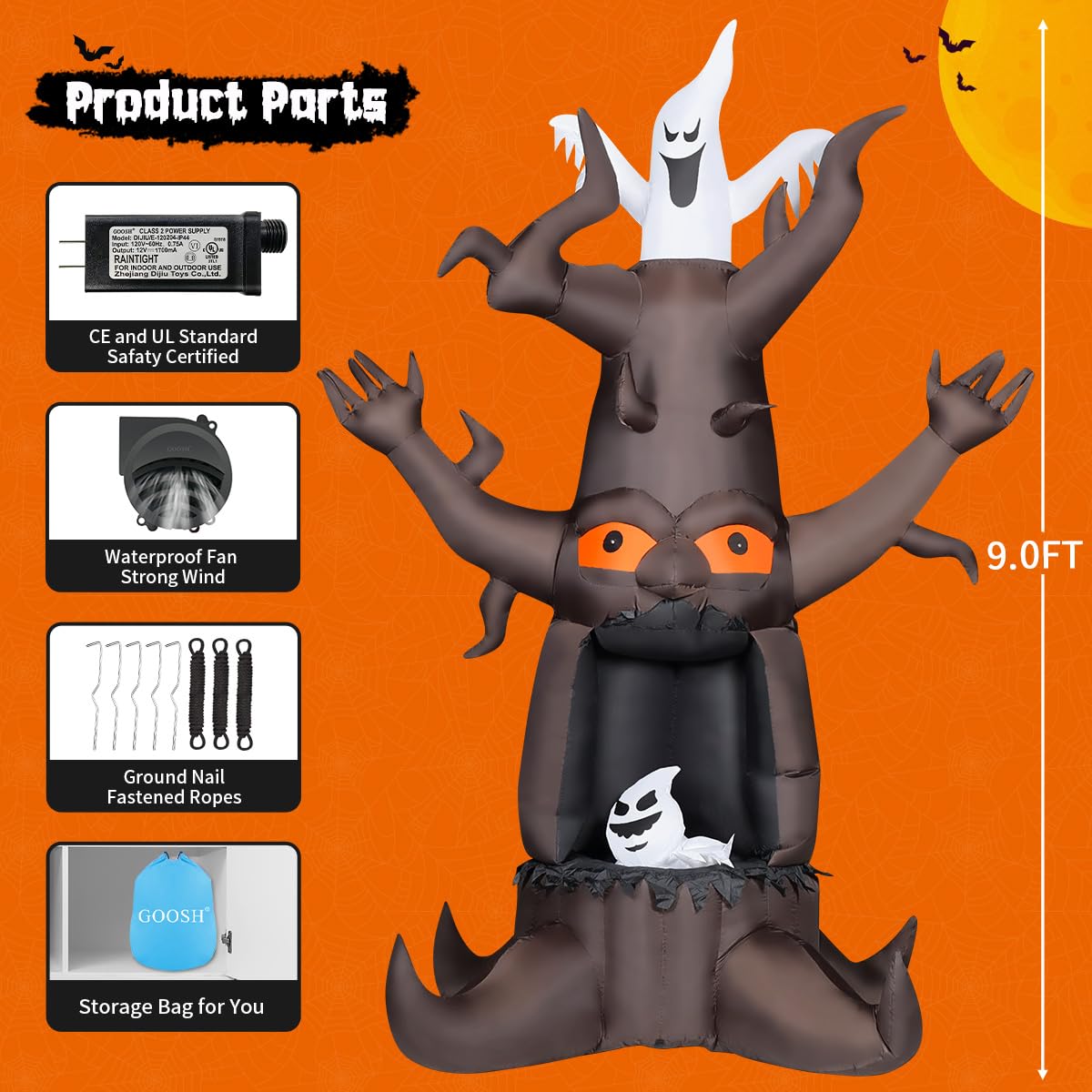 GOOSH 9 FT Halloween Inflatable Animated Dead Tree Outdoor Decorations Blow Up Yard Scary Tree and White Ghost with Built-in LEDs for Outdoor Garden Lawn Party Decor (Tree Ghost)