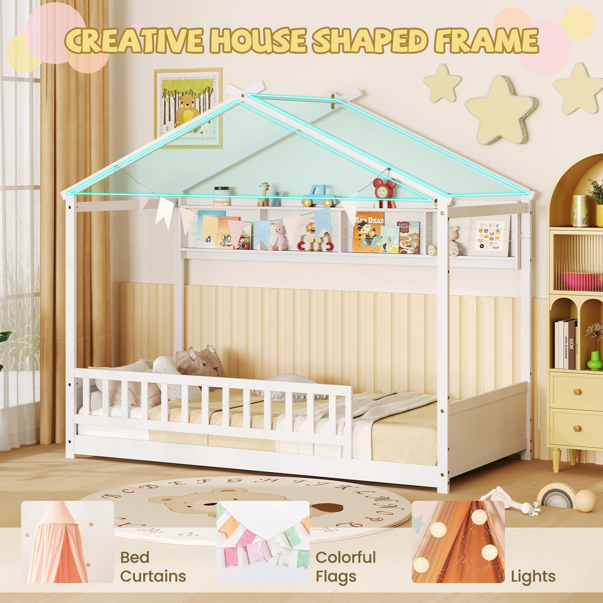 Giantex Twin Floor House Bed with Storage Shelf, Wood Twin Bed Frames with Headboard & Guardrail, Montessori Floor Bed Twin with Wooden Slat Support for Kids Boys Girls, Kids Bed, White