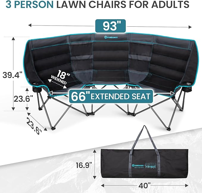 FUNDANGO Extra Wide 3 Person Camping Chair for Adults with Cooler, 1000 LBS Heavy Duty Oversized Camp Couch, Padded Folding Seat with Cup Holders for Outdoor, Sports & Lawn