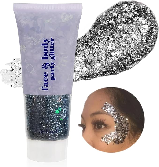 Go Ho Black Face Body Glitter,Halloween Face Paint Glitter Makeup,Holographic Chunky Sequins Glitters for Festival Cosplay SFX Costume,Festival Rave Accessories,Eye Black Glitter Gel