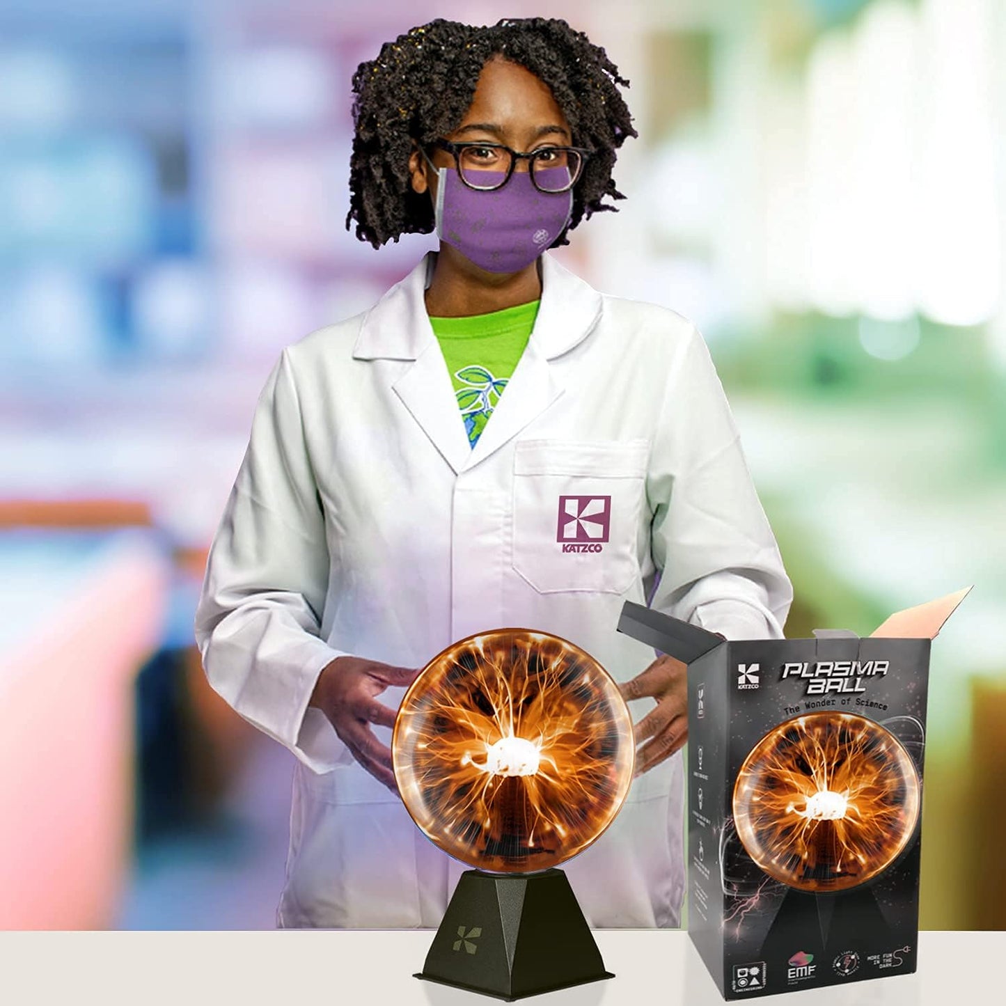 Katzco 7.5-Inch Orange Interactive Plasma Ball - Nebula Sphere, Thunder Lightning, Plug-in - Touch and Sound Sensitive Plasma Globe, STEM Science Toy for Parties, Decorations, Prop, Kids, and Gifts