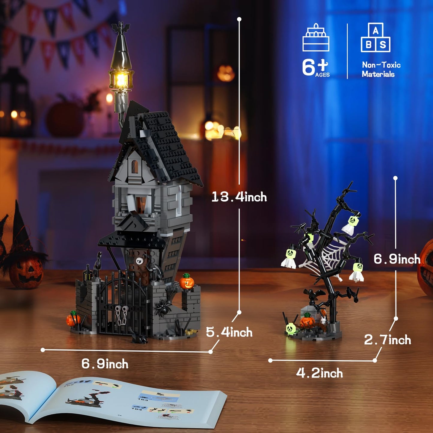 Tweandar Halloween Haunted Mansion Building Set,Before Xmas Haunted House Building Blocks Set with Light, Glow-in-The-Dark Pumpkins and Skeleton Ghosts, Halloween Toys Gifts for Adults & Kids