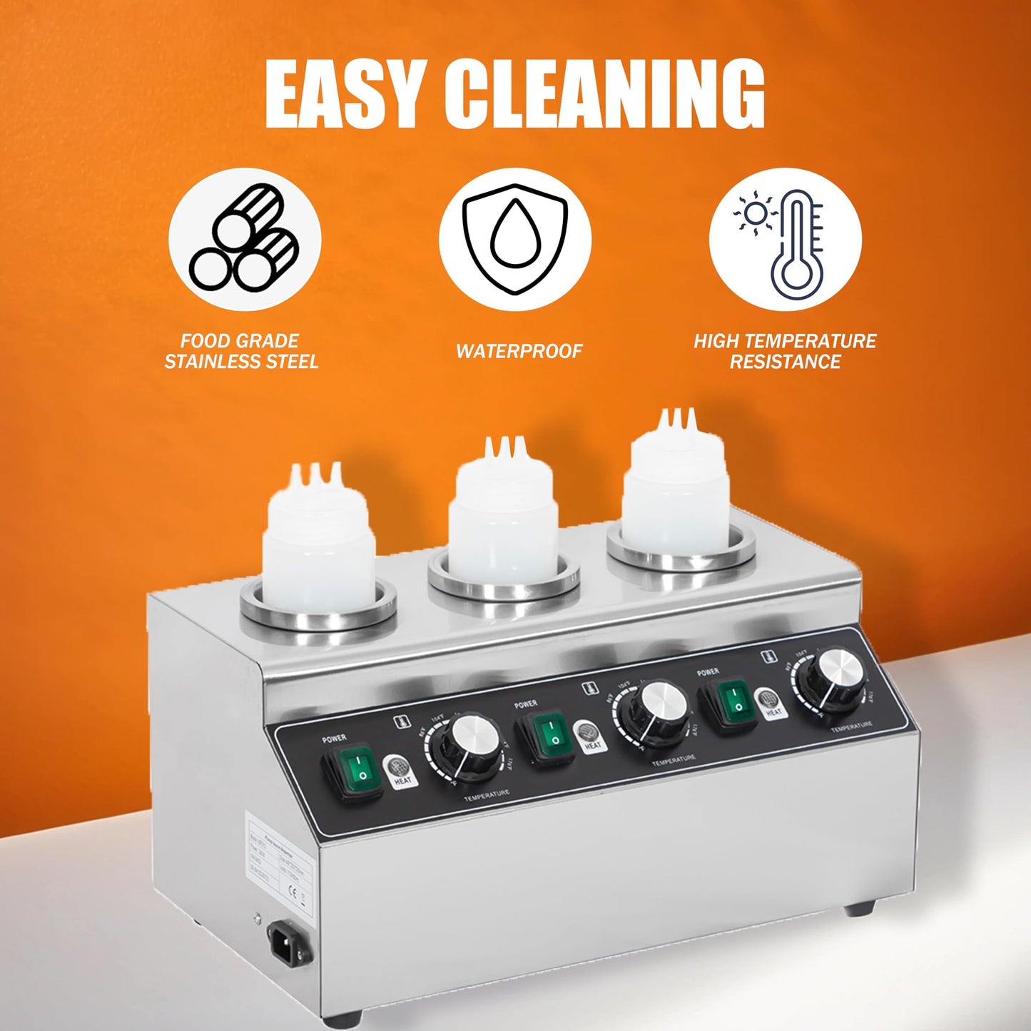 JOHAKYU Commercial Electric Sauce Warmer Dispenser – Stainless Steel Countertop Hot Fudge/Nacho Cheese Warmer with 3×650ml Squeeze Bottles and 3 Funnels